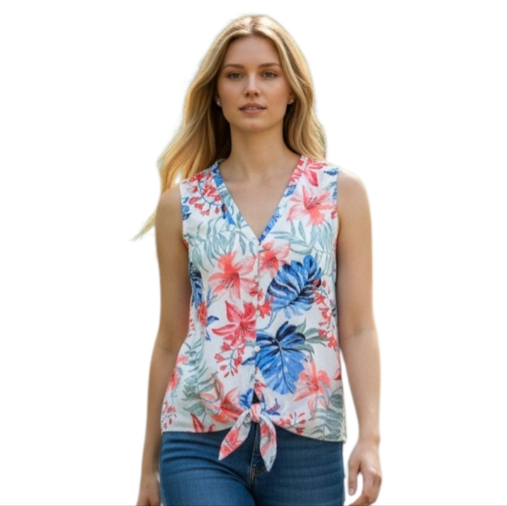 Sag Harbor Tropical Tie-Front V-Neck Sleeveless Top - Size M